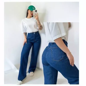 Calça Jeans Feminina Wide Leg Marmorizada Cintura Alta Sem Lycra
